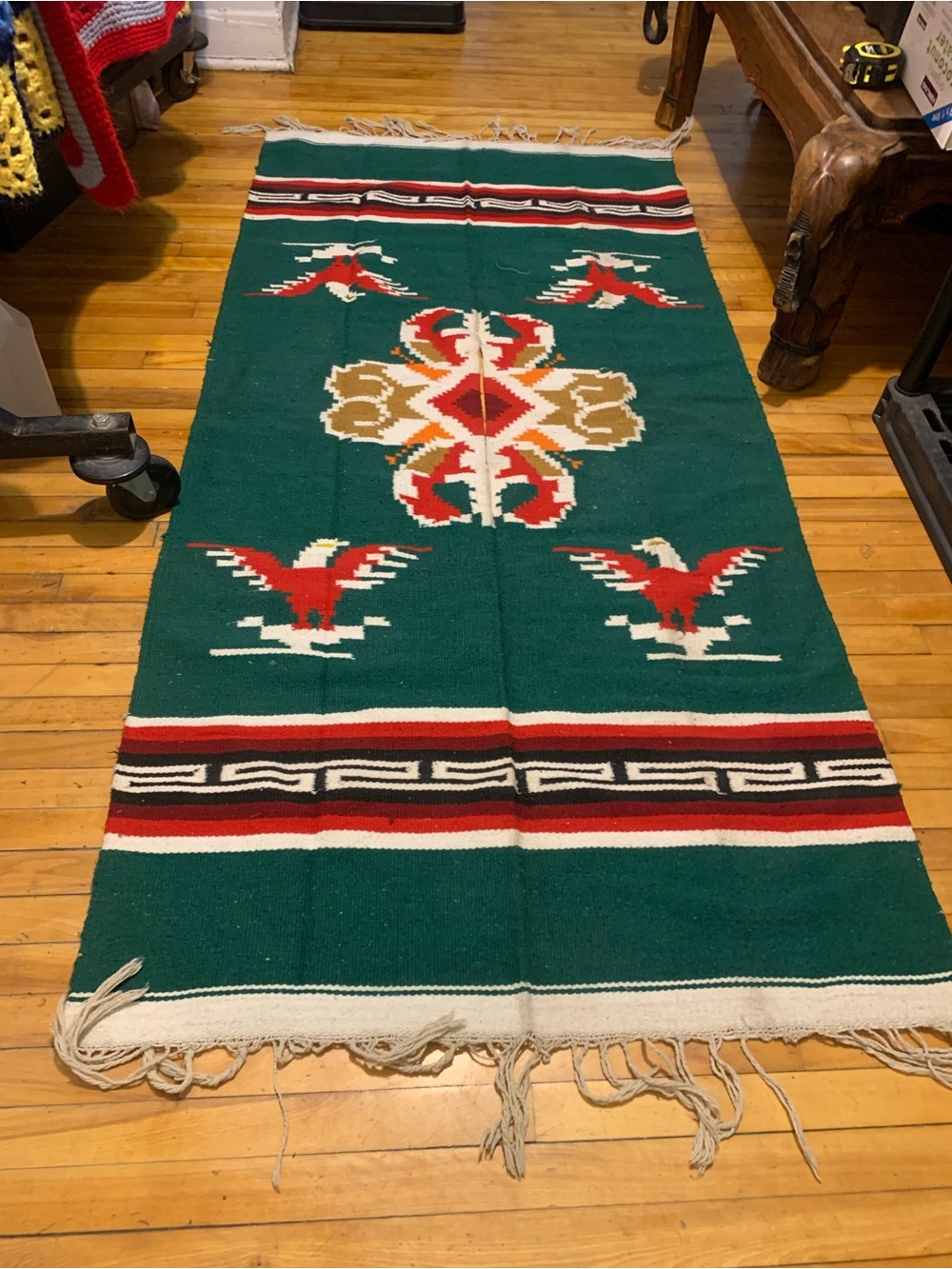 Vintage Mexican southwestern flat weave rug green red eagle geometric textile